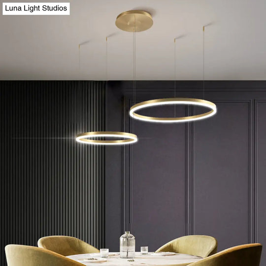 Contemporary Gold Led Chandelier Pendant Light - 2-Layer Metallic Ring Design