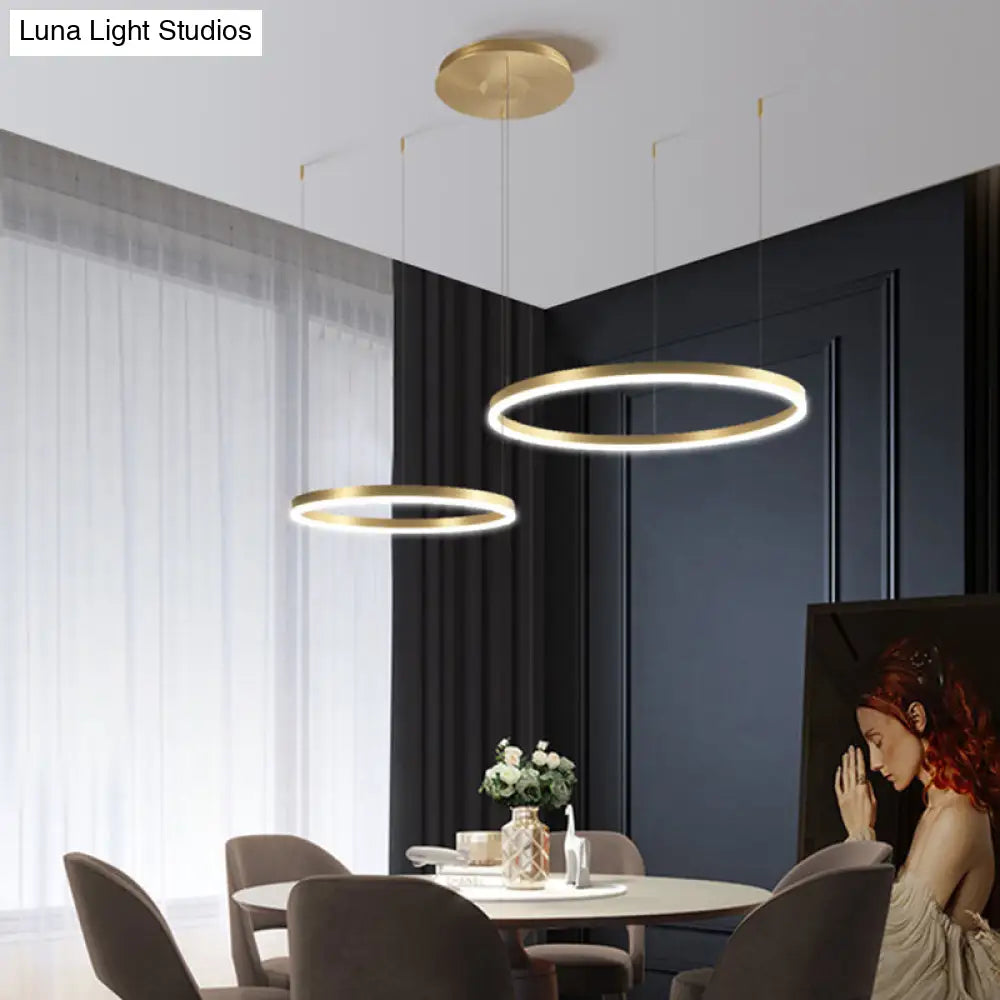 Contemporary Gold Led Chandelier Pendant Light - 2-Layer Metallic Ring Design