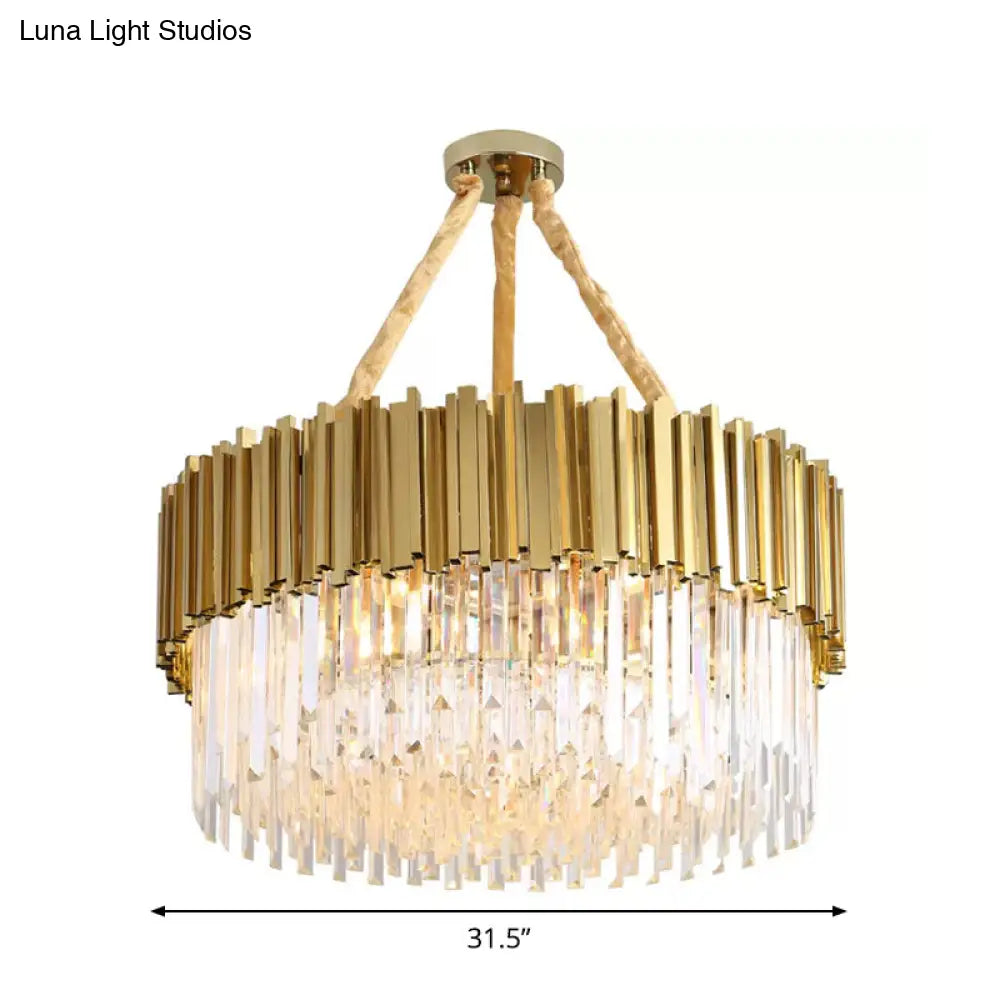 Contemporary Led Chandelier With Tri-Sided Crystal Rods Gold Finish For Dining Room 19.5/23.5/47