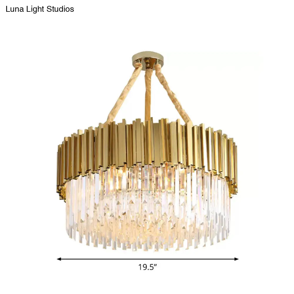 Contemporary Led Chandelier With Tri-Sided Crystal Rods Gold Finish For Dining Room 19.5/23.5/47