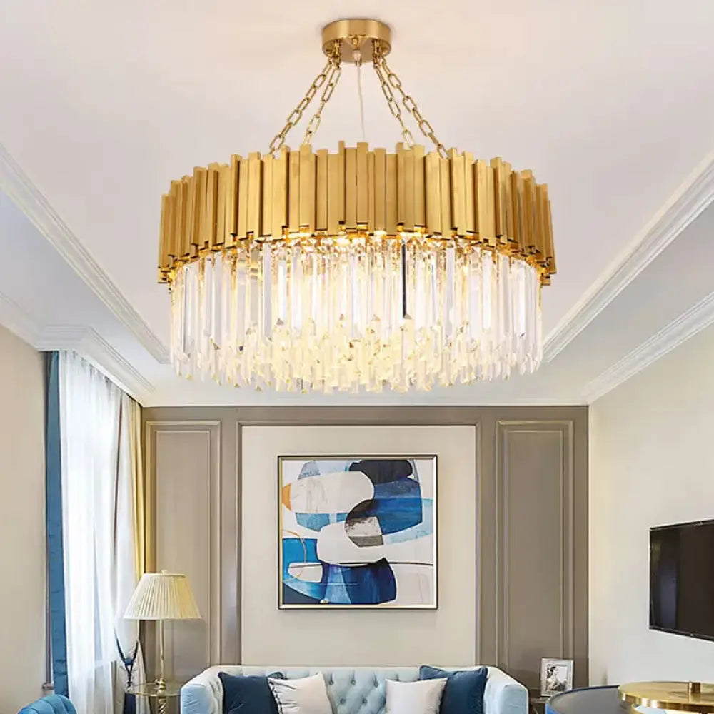 Contemporary Gold Led Chandelier With Tri-Sided Crystal Rods And Hanging Light Kit - Dining Room