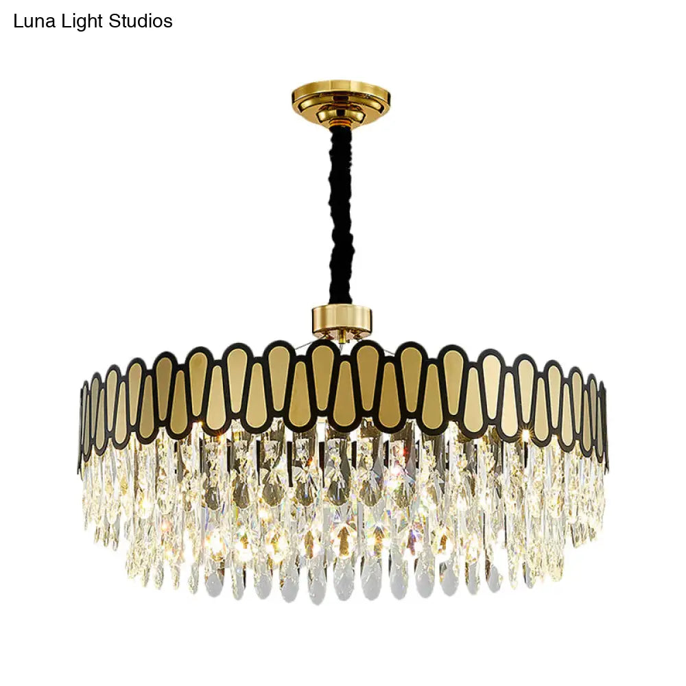 Contemporary Gold Led Circular Ceiling Pendant With Clear Crystal Drops Chandelier Light