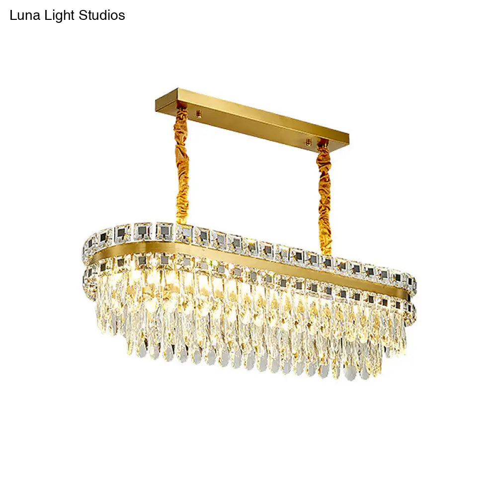 Contemporary Gold Led Crystal Tiered Island Light Fixture - Stylish Oblong Hanging Lamp For Table