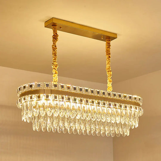 Contemporary Gold Led Crystal Tiered Island Light Fixture - Stylish Oblong Hanging Lamp For Table