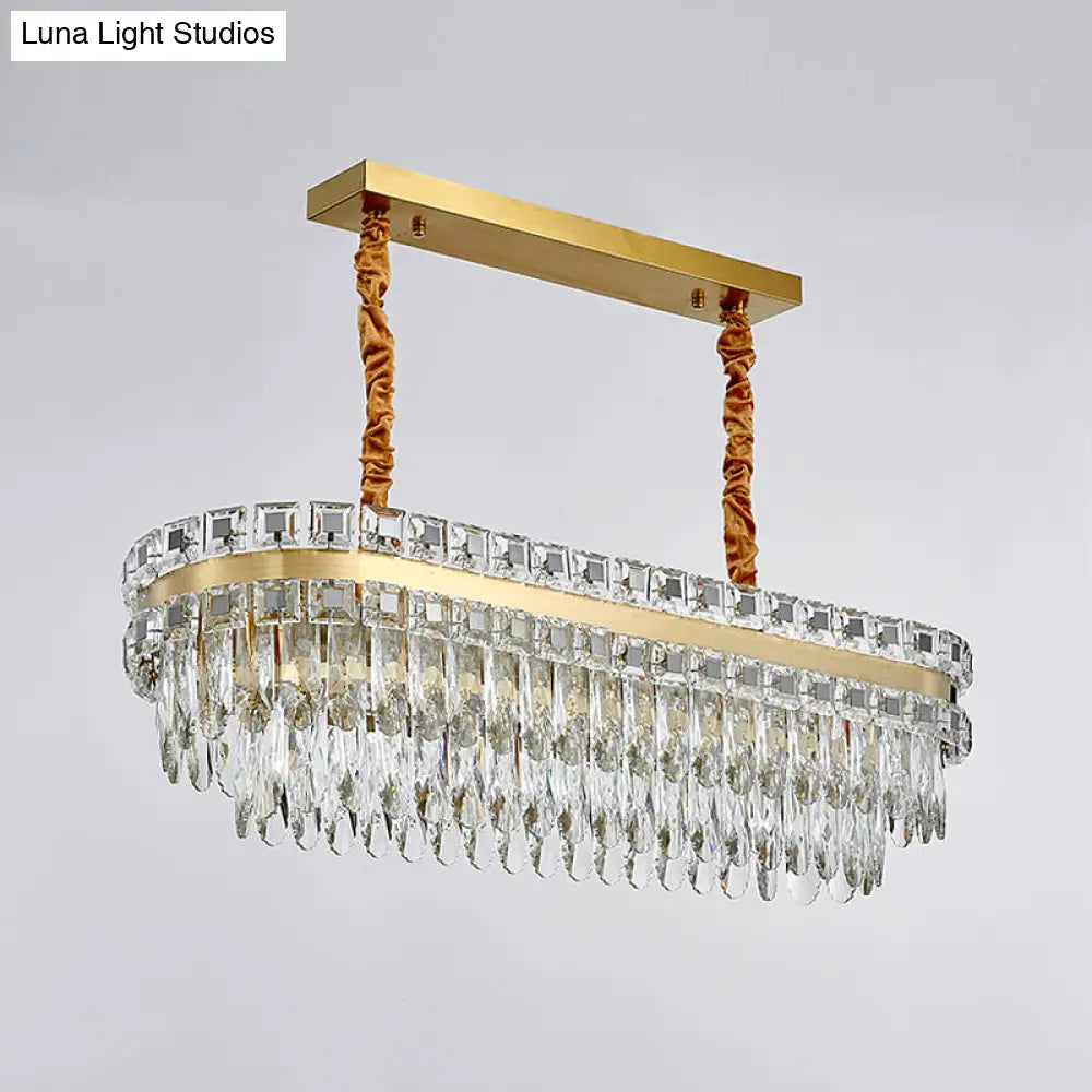 Contemporary Gold Led Crystal Tiered Island Light Fixture - Stylish Oblong Hanging Lamp For Table