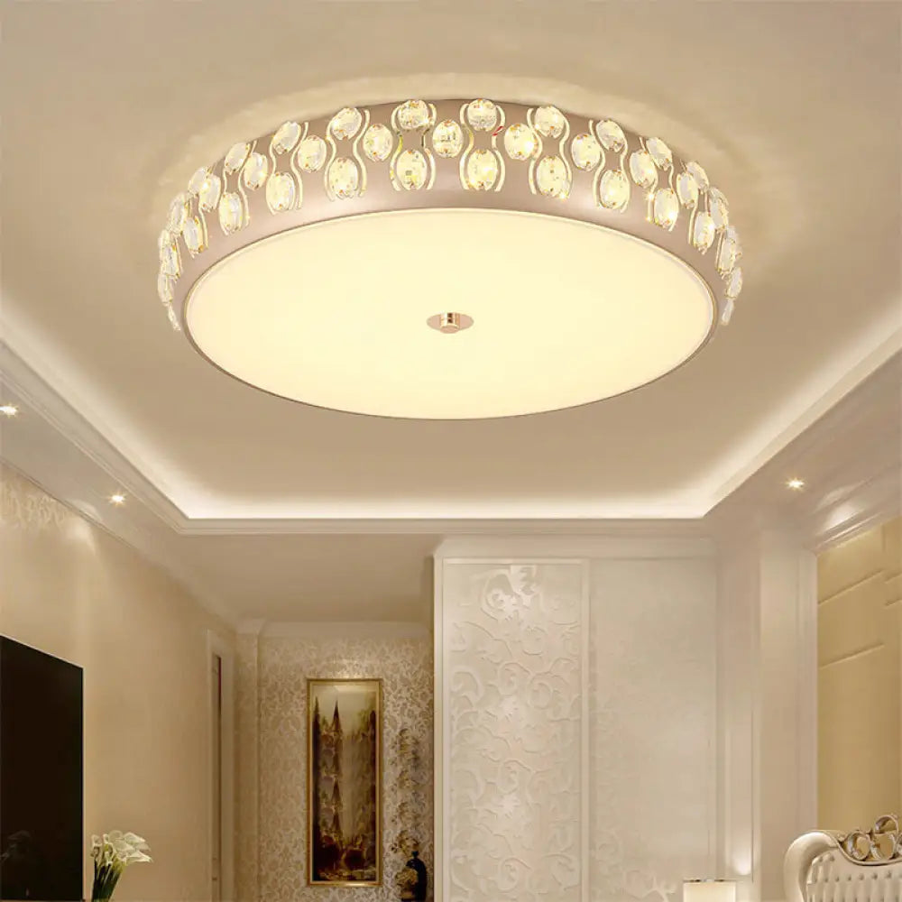 Contemporary Gold Led Drum Ceiling Mount Light With Crystal Beads For Bedroom