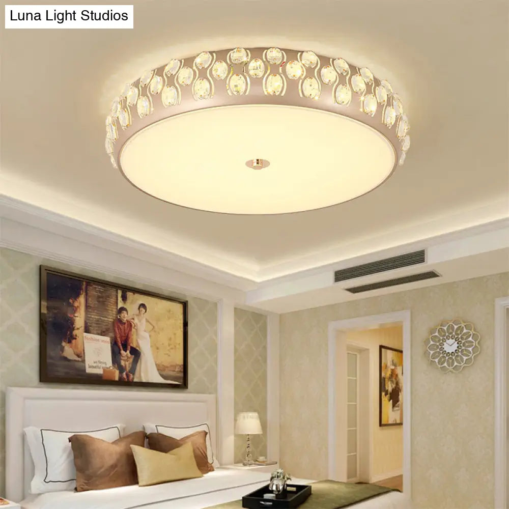 Contemporary Gold Led Drum Ceiling Mount Light With Crystal Beads For Bedroom