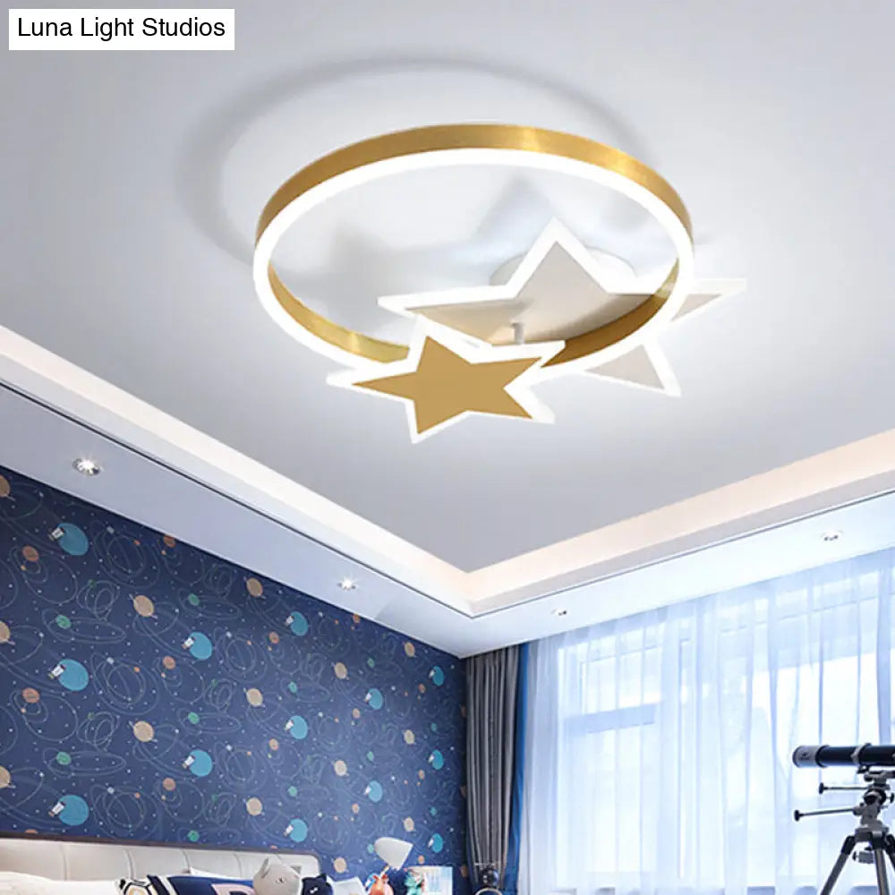 Contemporary Gold Led Flush Mount Lamp With Star Design - Bedroom Ceiling Fixture In Warm/White