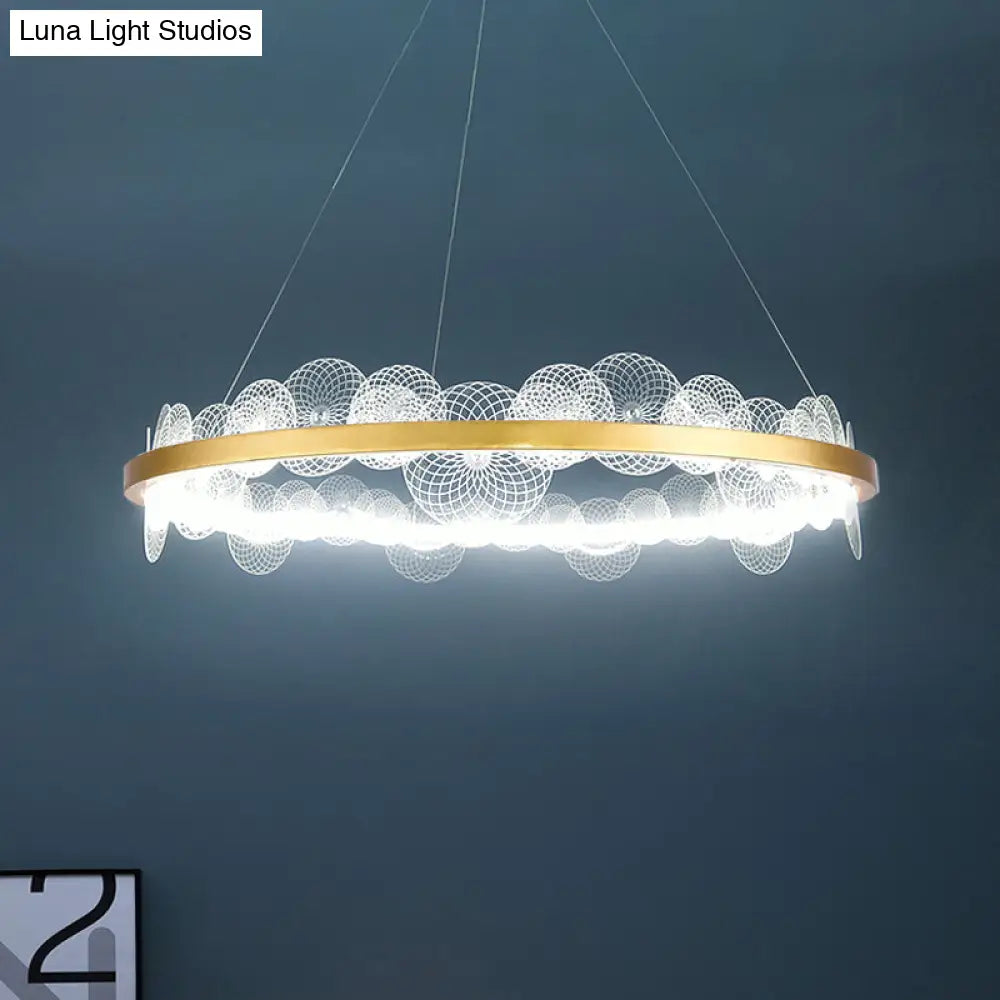 Gold Finish Led Ceiling Light With Textured Acrylic Shade - Modern Hoop Chandelier Pendant Lamp