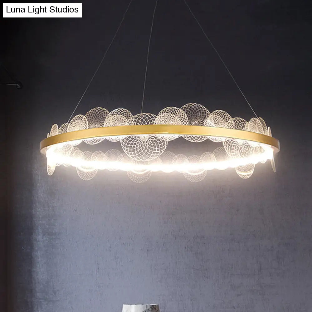 Gold Finish Led Ceiling Light With Textured Acrylic Shade - Modern Hoop Chandelier Pendant Lamp