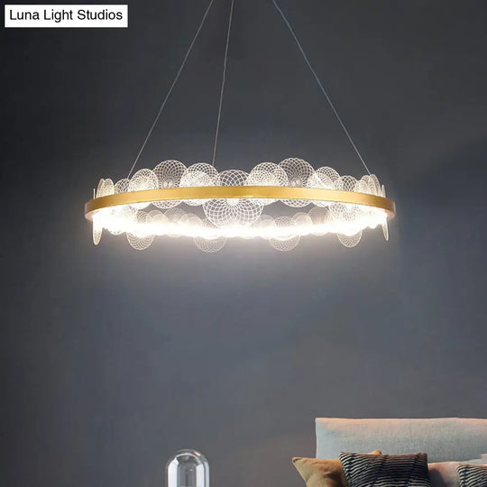 Gold Finish Led Ceiling Light With Textured Acrylic Shade - Modern Hoop Chandelier Pendant Lamp