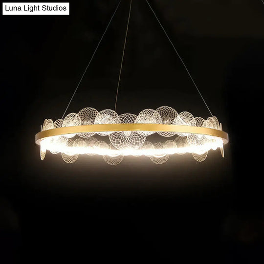 Gold Finish Led Ceiling Light With Textured Acrylic Shade - Modern Hoop Chandelier Pendant Lamp