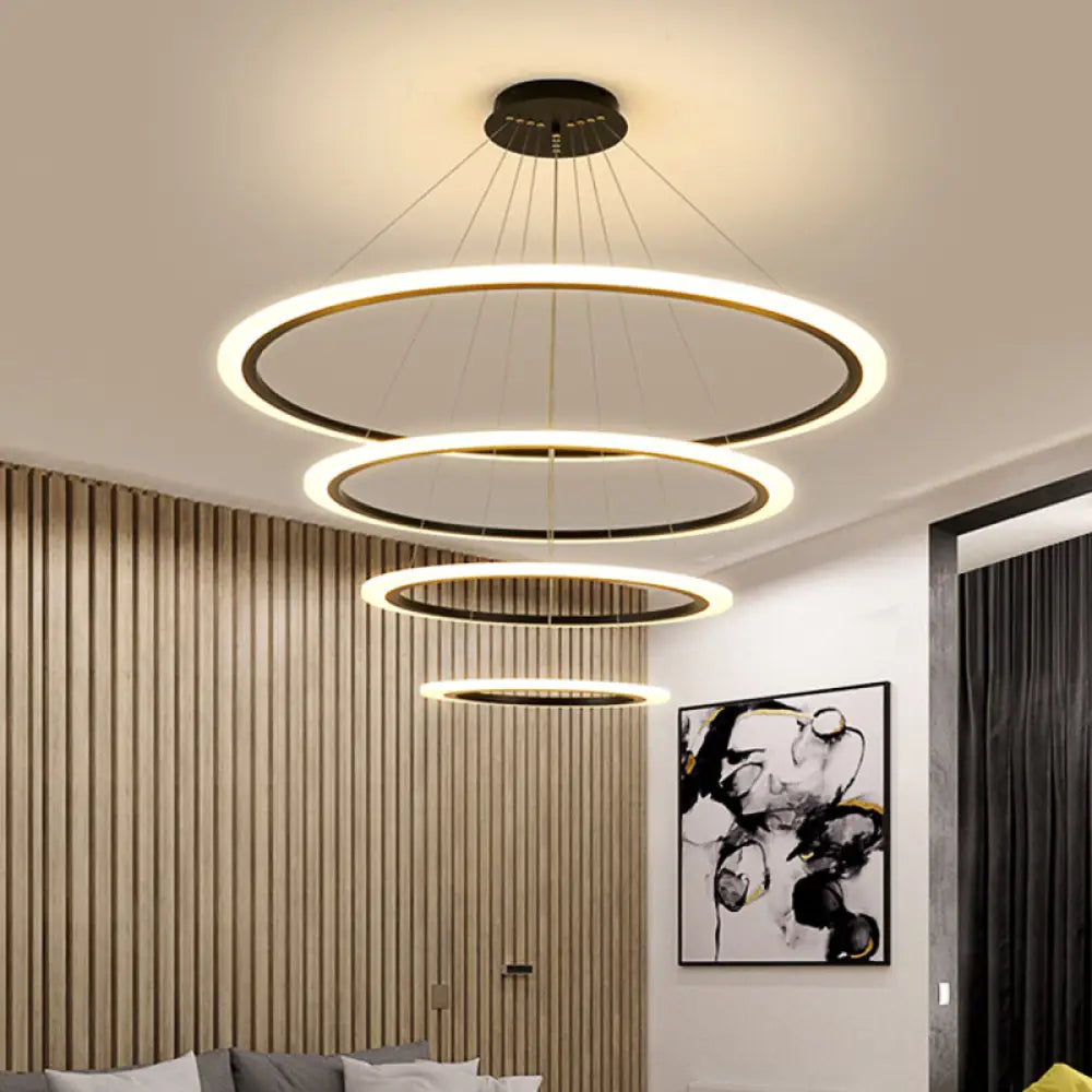 Contemporary Gold Led Ring Pendant Chandelier With Acrylic Lights In White/Warm Light 4 / Black