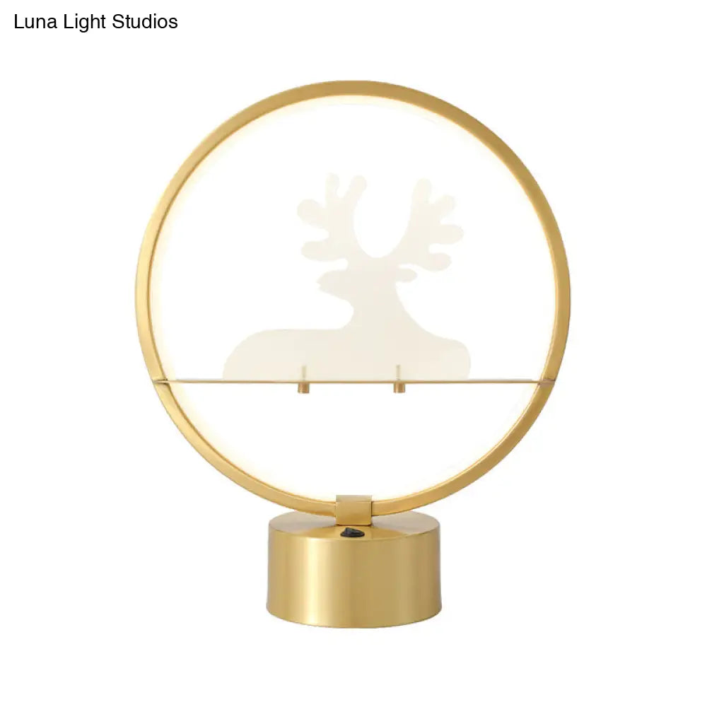 Contemporary Gold Led Table Lamp With Elk Detail - Metallic Nightstand Light