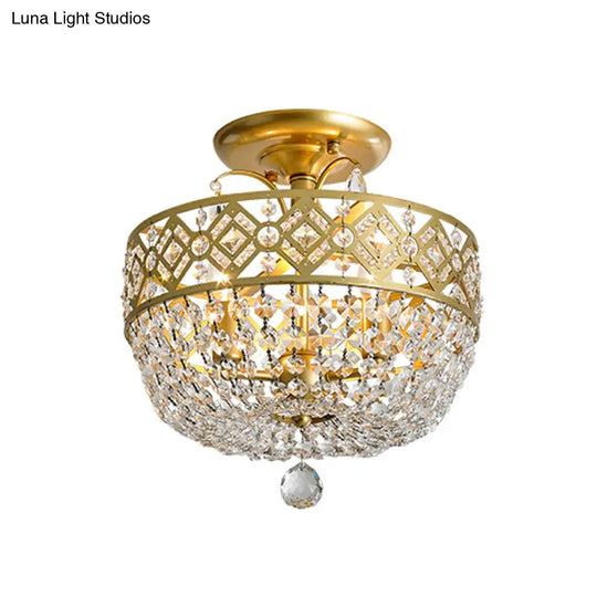 Contemporary Gold Light Fixture With Crystal Balls - 3 Heads Porch Semi-Flush Mount
