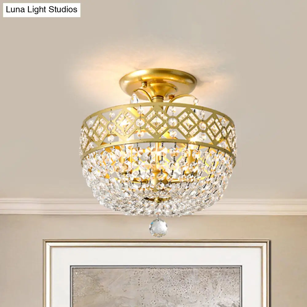 Contemporary Gold Light Fixture With Crystal Balls - 3 Heads Porch Semi-Flush Mount