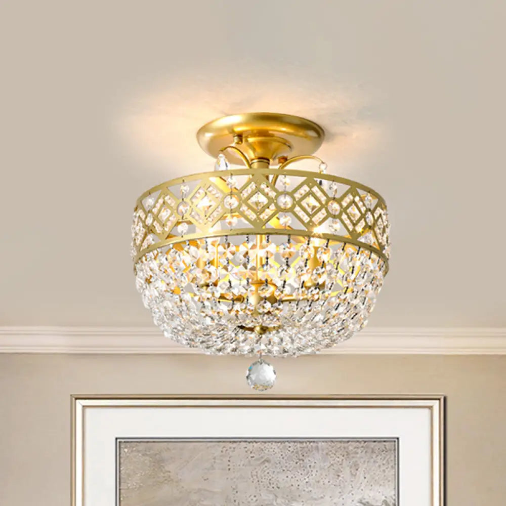 Contemporary Gold Light Fixture With Crystal Balls - 3 Heads Porch Semi - Flush Mount