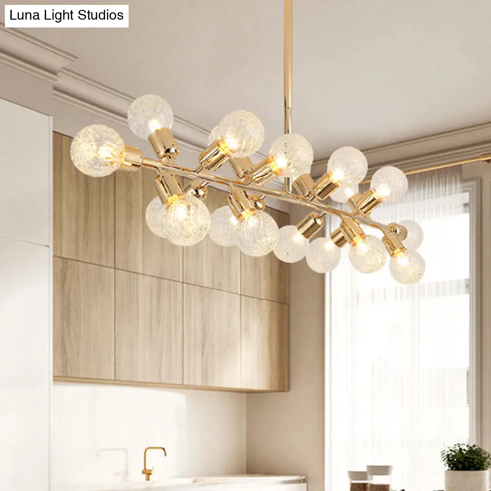 Contemporary Gold Linear Led Island Lighting - 18 Lights Hanging Ceiling Lamp With Ribbing Glass