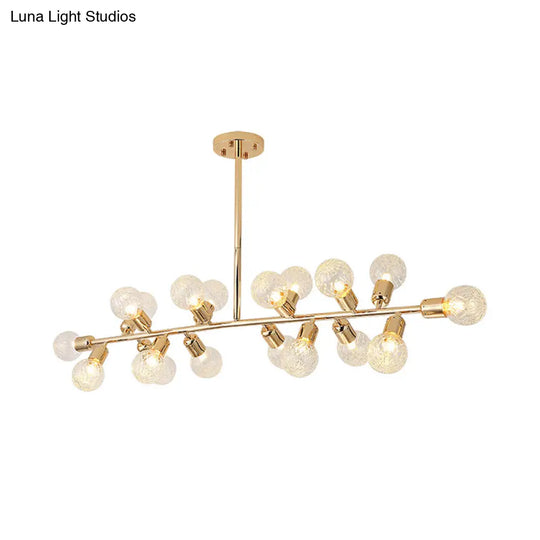 Contemporary Gold Linear Led Island Lighting - 18 Lights Hanging Ceiling Lamp With Ribbing Glass