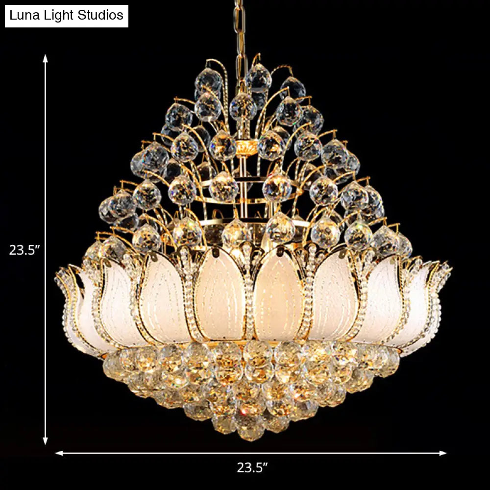 Contemporary Gold Lotus Hanging Light Chandelier - 9/11 Lights Faceted Crystal Ball Fixture