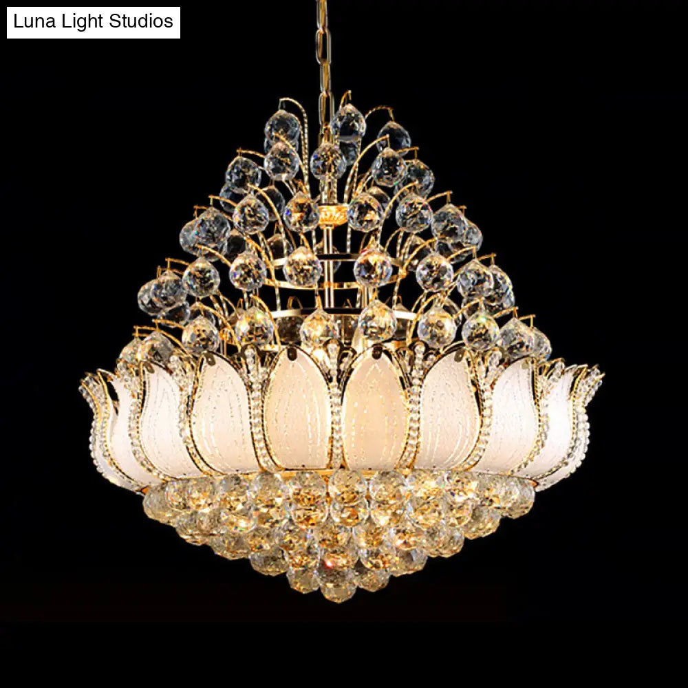 Contemporary Gold Lotus Hanging Light Chandelier - 9/11 Lights Faceted Crystal Ball Fixture