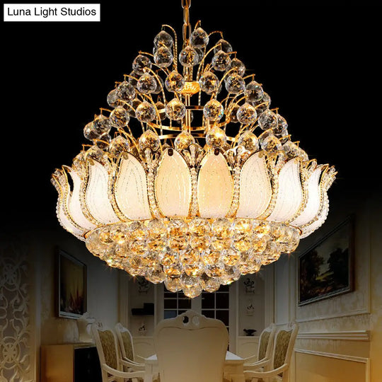 Contemporary Gold Lotus Hanging Light Chandelier - 9/11 Lights Faceted Crystal Ball Fixture