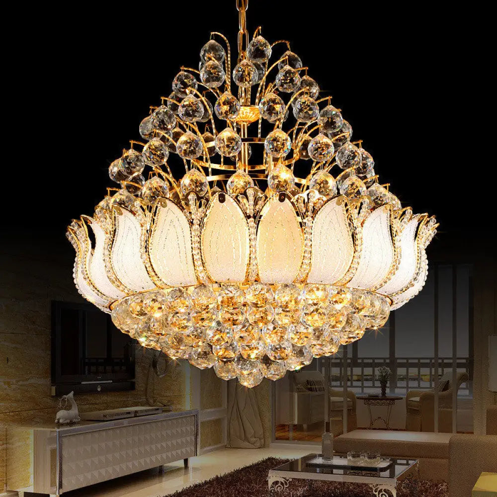 Contemporary Gold Lotus Hanging Light Chandelier - 9/11 Lights Faceted Crystal Ball Fixture