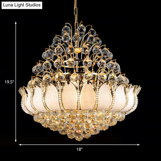 Contemporary Gold Lotus Hanging Light Chandelier - 9/11 Lights Faceted Crystal Ball Fixture