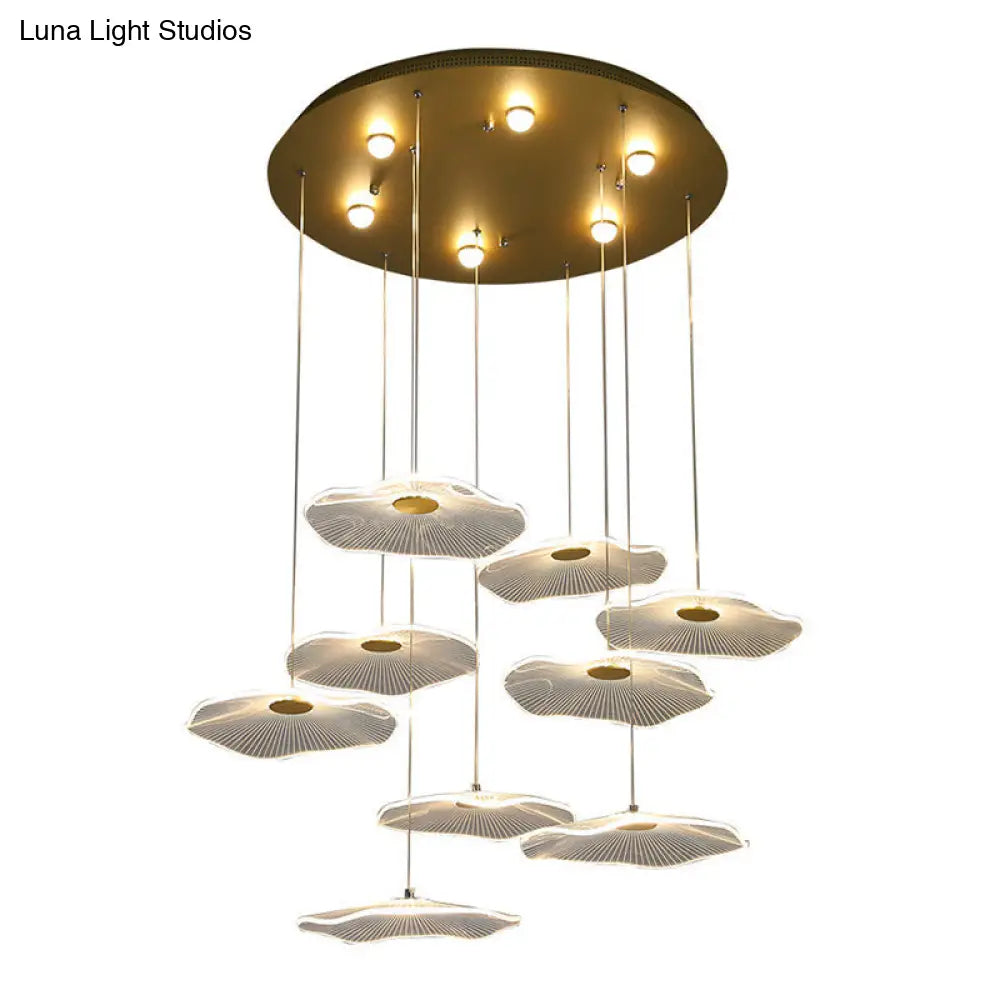 Contemporary Gold Staircase Led Pendant Light With Lotus Leaf Design