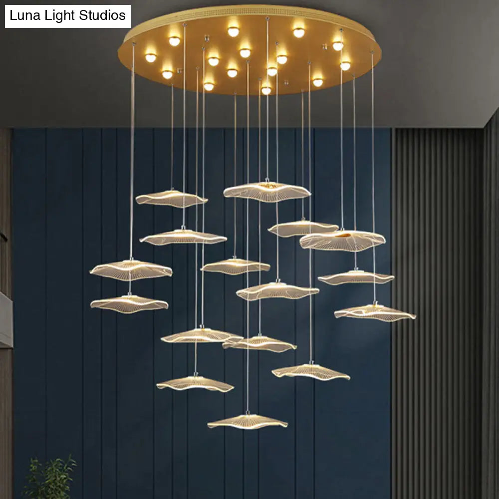 Contemporary Gold Staircase Led Pendant Light With Lotus Leaf Design 16 / Warm