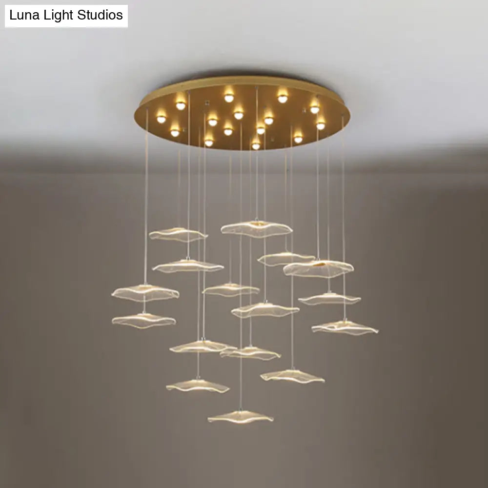 Contemporary Gold Lotus Leaf Led Staircase Light Pendant - Acrylic Multi