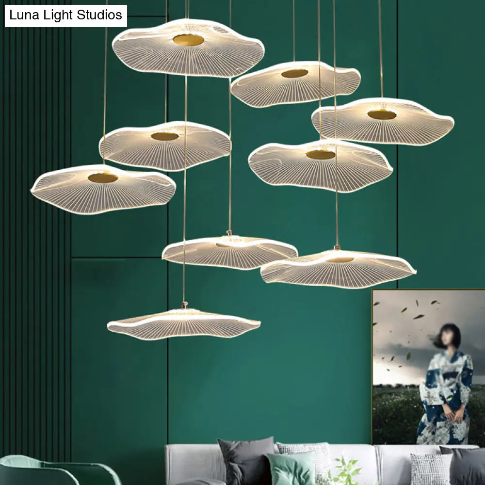 Contemporary Gold Staircase Led Pendant Light With Lotus Leaf Design