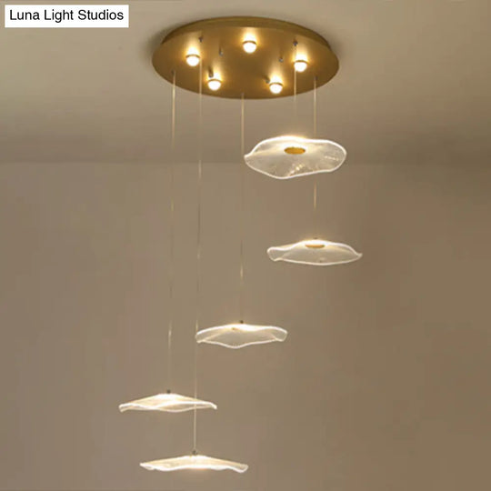 Contemporary Gold Staircase Led Pendant Light With Lotus Leaf Design 5 / Warm