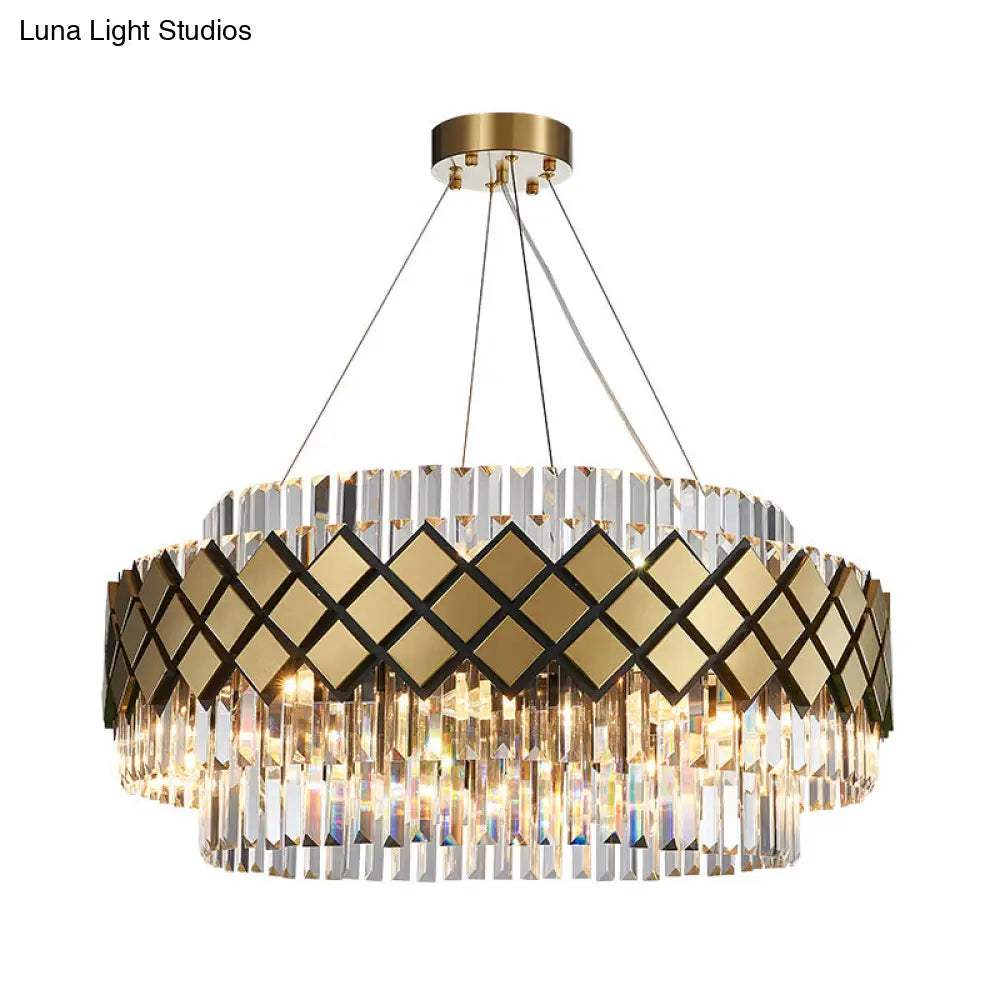 Contemporary Gold Mesh Chandelier - 12-Light Clear Crystal Pendant Light