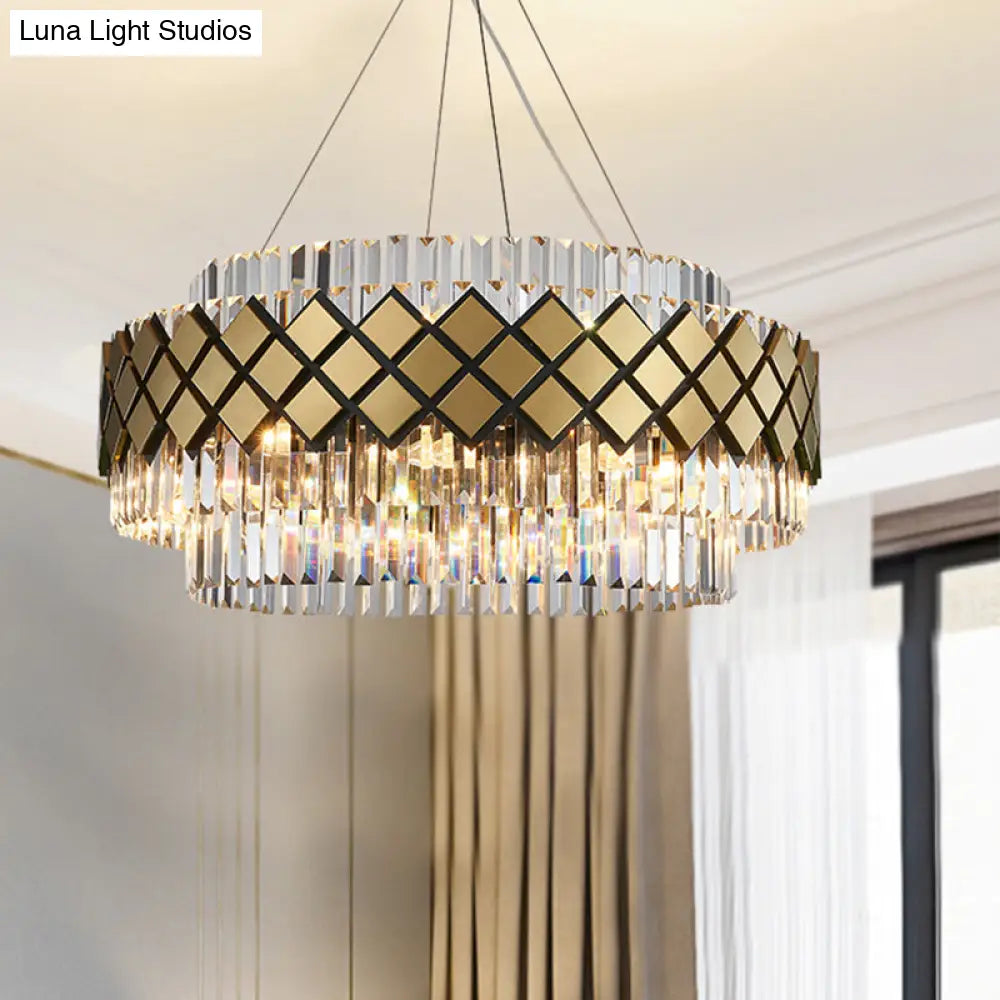 Contemporary Gold Mesh Chandelier - 12-Light Clear Crystal Pendant Light