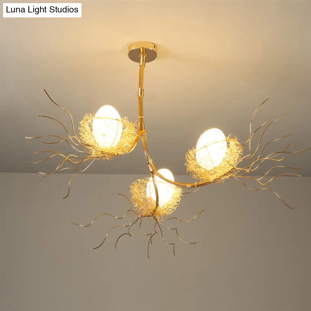 Contemporary Gold Metal Chandelier With Branch Design And 3 Nest & Egg Lights For Study Room