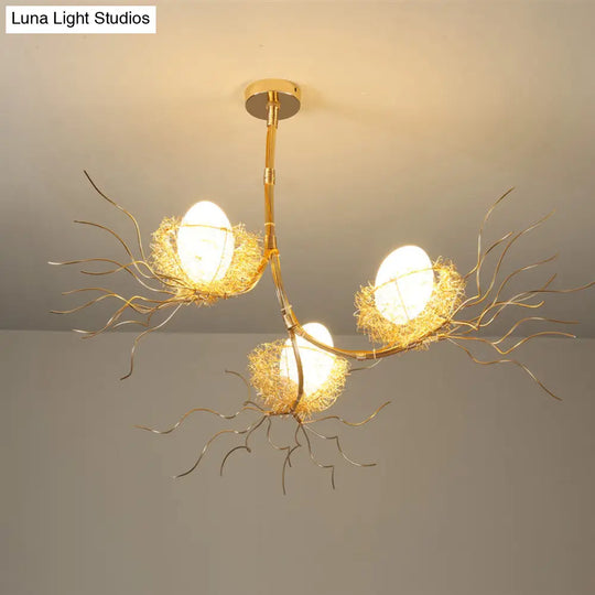 Contemporary Gold Metal Chandelier With Branch Design And 3 Nest & Egg Lights For Study Room