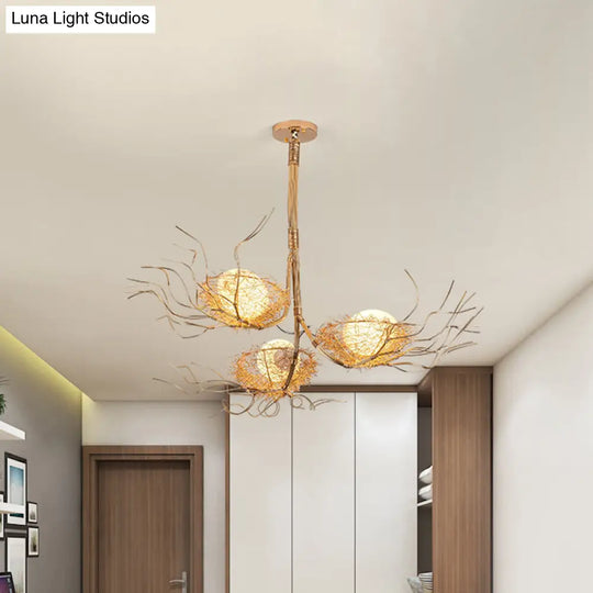 Contemporary Gold Metal Chandelier With Branch Design And 3 Nest & Egg Lights For Study Room