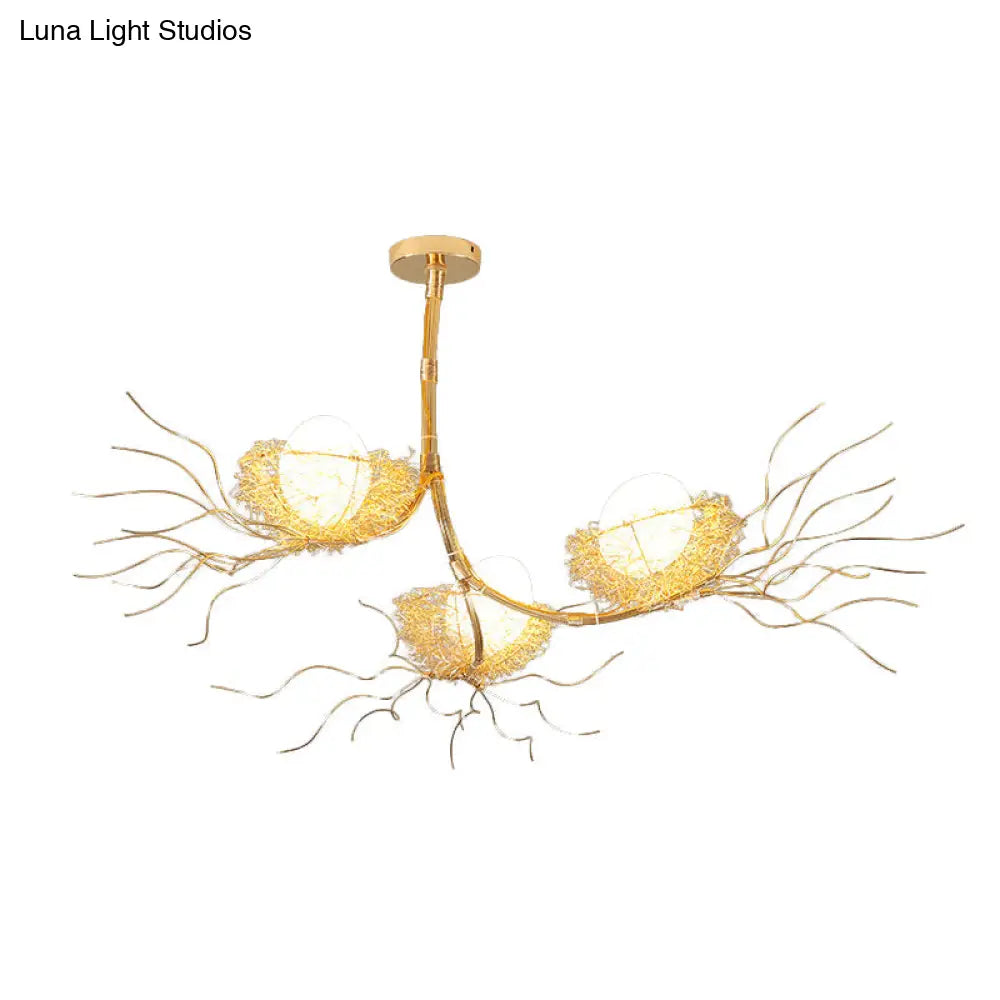 Contemporary Gold Metal Chandelier With Branch Design And 3 Nest & Egg Lights For Study Room