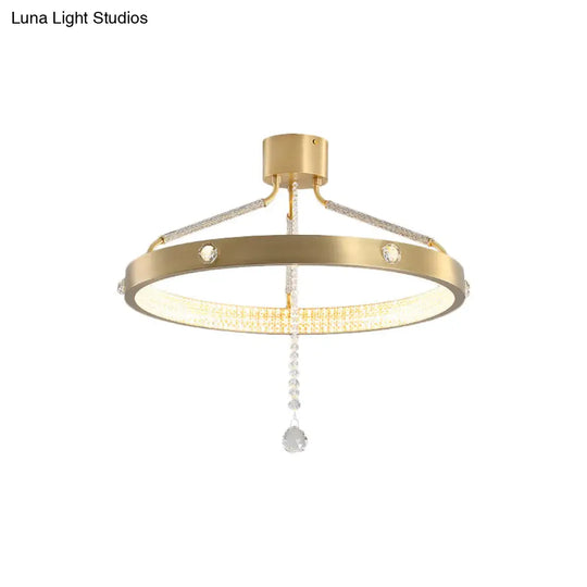 Contemporary Gold Metal Led Semi Flush Mount Ceiling Light With Crystal Strand - 19.5/15.5 Wide