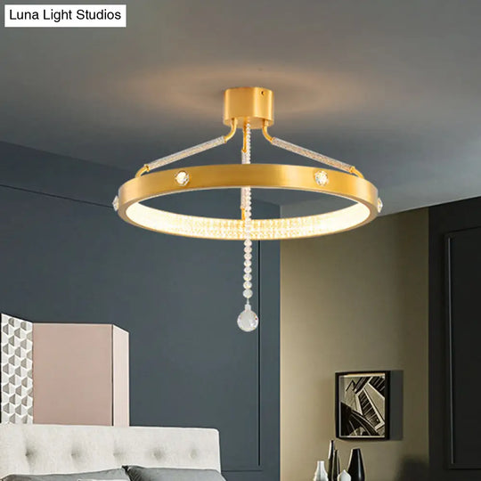 Contemporary Gold Metal Led Semi Flush Mount Ceiling Light With Crystal Strand - 19.5/15.5 Wide /