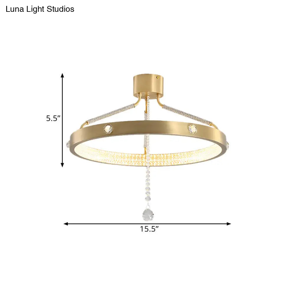 Contemporary Gold Metal Led Semi Flush Mount Ceiling Light With Crystal Strand - 19.5’/15.5’ Wide