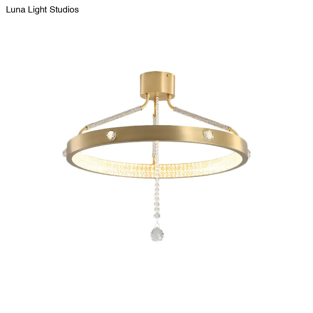 Contemporary Gold Metal Led Semi Flush Mount Ceiling Light With Crystal Strand - 19.5’/15.5’ Wide