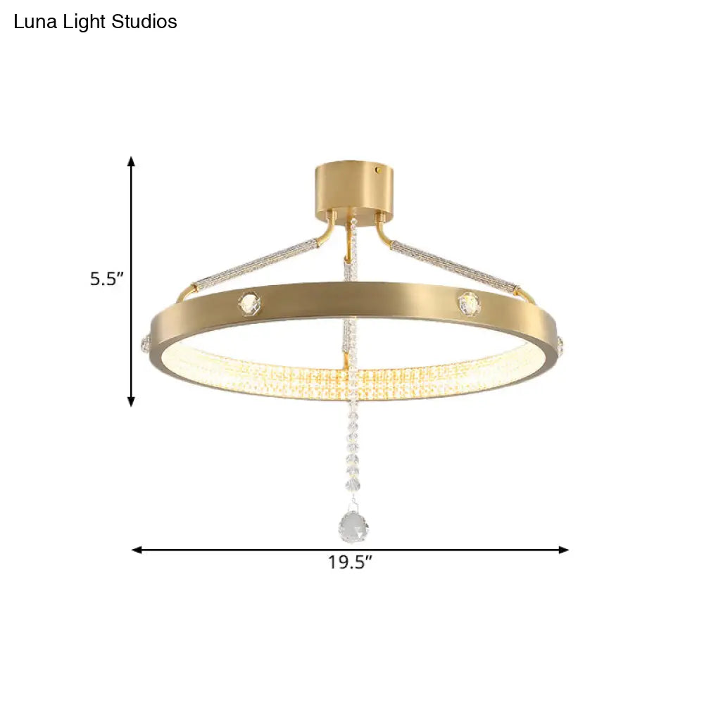 Contemporary Gold Metal Led Semi Flush Mount Ceiling Light With Crystal Strand - 19.5’/15.5’ Wide