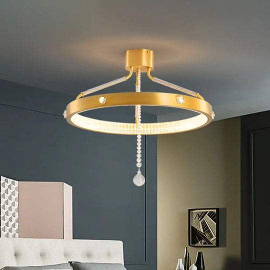Contemporary Gold Metal Led Semi Flush Mount Ceiling Light With Crystal Strand - 19.5’/15.5’