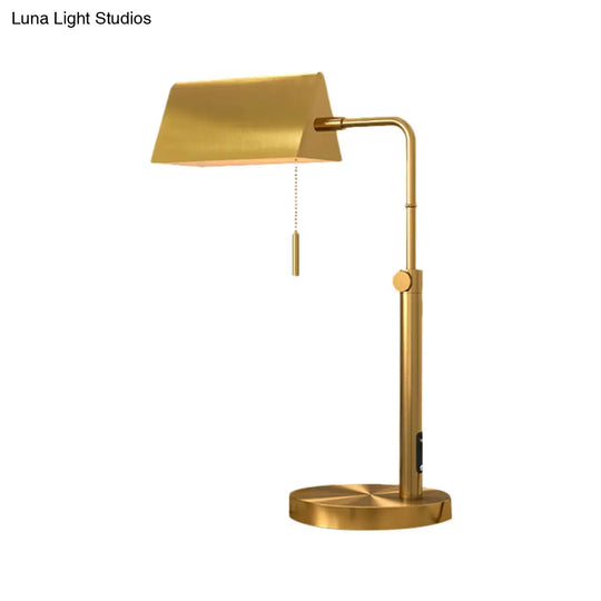 Contemporary Gold Metal Nightstand Lamp With Pull Chain - Rectangle Shape Perfect For Bedroom