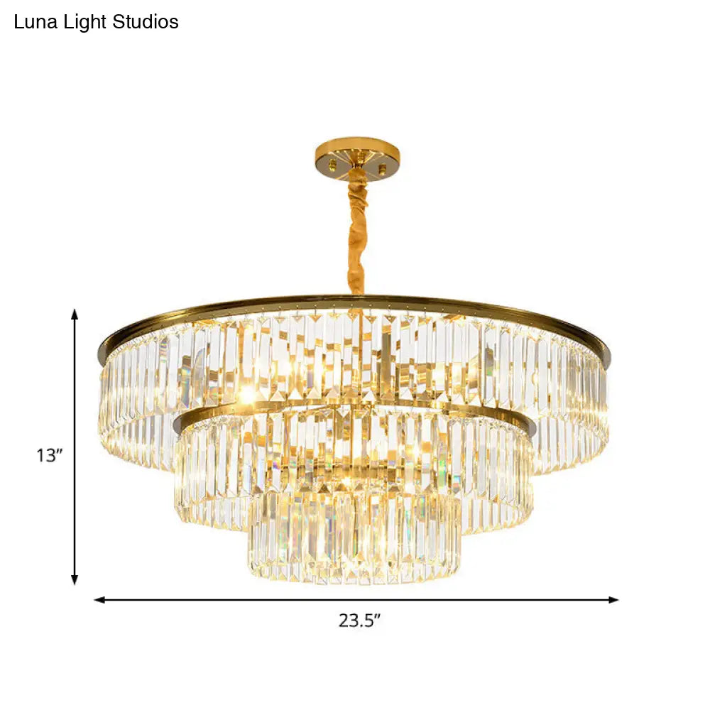 Contemporary Gold Metal Pendant Lamp With Crystal Block - 3-Tier Round Chandelier Light Fixture