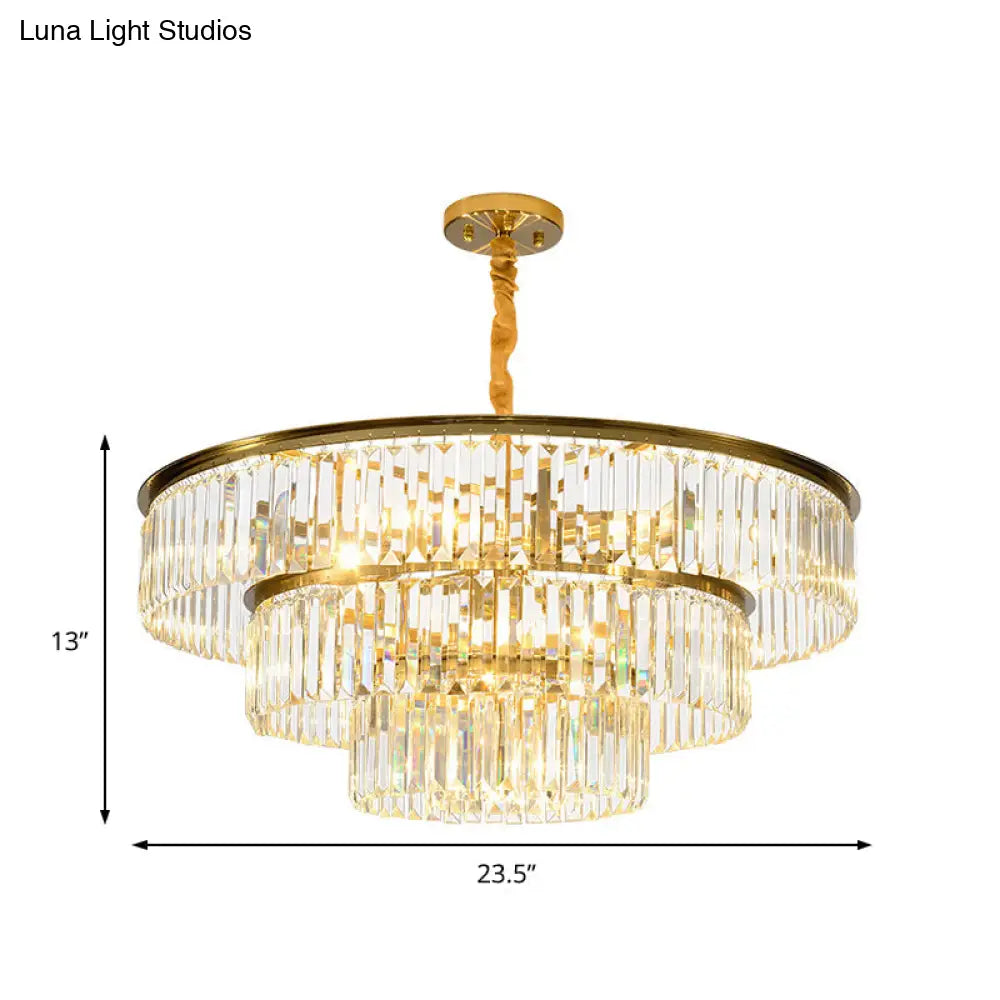 Contemporary Gold Metal Pendant Chandelier With Crystal Block - 3-Tier Round Design