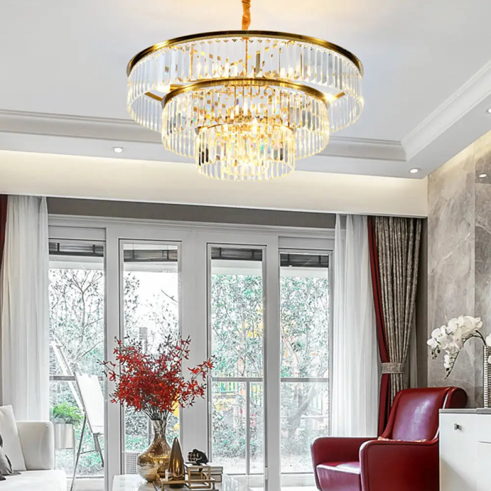 Contemporary Gold Metal Pendant Chandelier With Crystal Block - 3-Tier Round Design