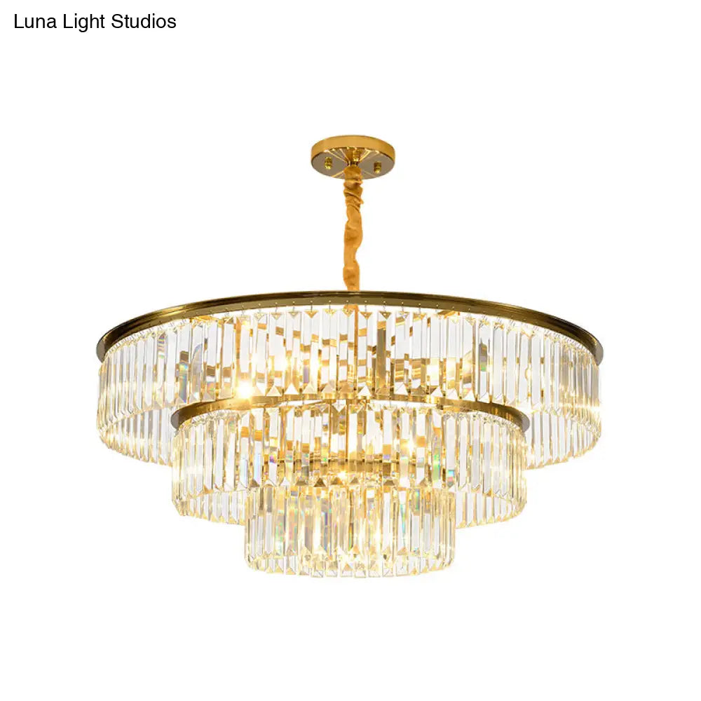 Contemporary Gold Metal Pendant Chandelier With Crystal Block - 3-Tier Round Design